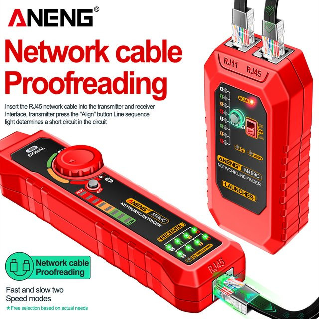 ANENG M469C Smart Netzwerkkabeltester für RJ45 RJ11 LAN und Stromkabel in Rot mit Leitungsverfolgung und DC-Pegelmessung - Bild 1