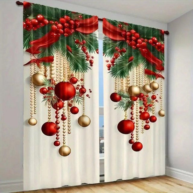 2er-Set Weihnachts-Vorhang mit goldenen Glocken in 3D-Digitaldruck, weißer Polyestervorhang für Wohnzimmer und Schlafzimmer, Breite: 50 cm, Höhe: 130 cm - Bild 1