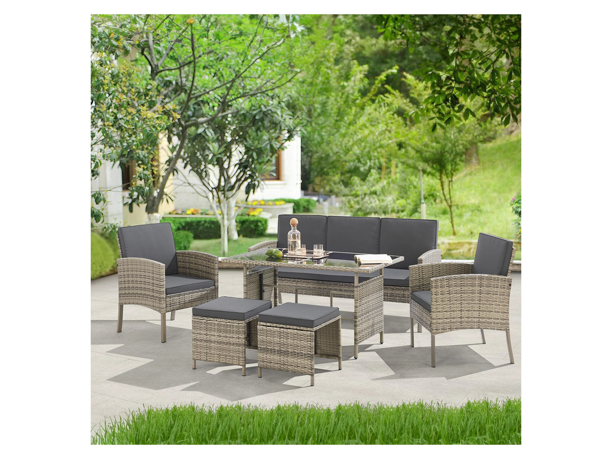 Juskys Polyrattan Gartenmöbel Sitzgruppe Turin Set 6 teilig in Grau Meliert mit Tisch und Polsterung - Bild 3