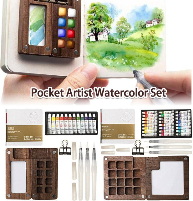 Tragbares Mini Aquarellfarben-Set in einer Holzbox mit 8 oder 15 Fächern, Mehrfarbig - Bild 1