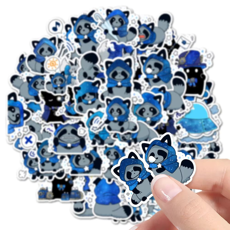 48 Stück Waschbär Aufkleber mit Sternenhimmel Motiv in Blau zur Dekoration von Notizbüchern und Koffern - Bild 3