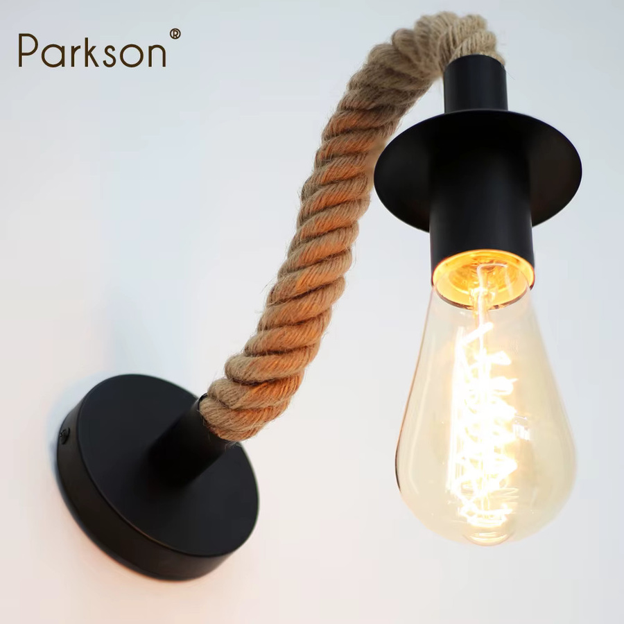 Parkson Vintage Wandleuchte aus Holz und Metall im Industrial Design mit Hanfseil und E27 Fassung, Schwarz/Braun - Bild 3