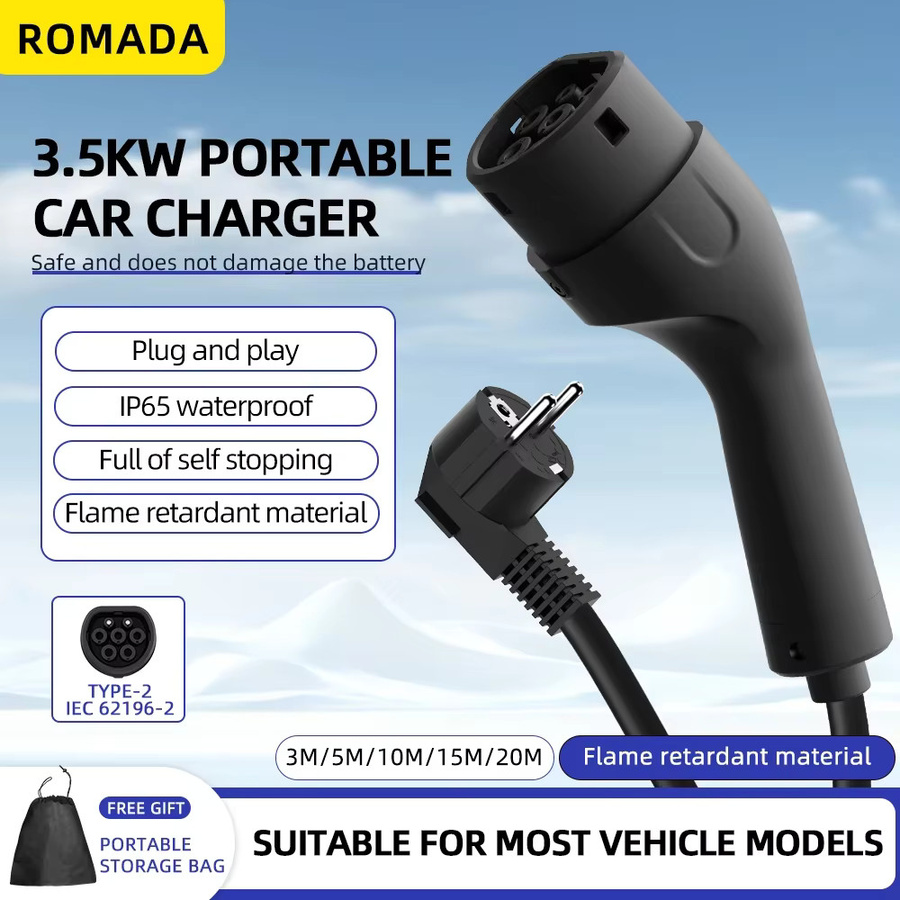 ROMADA Tragbares EV-Ladegerät Typ2 mit 3m bis 20m Kabel, 3,5 kW 16 A, Schwarz, Wallbox-Adapter für Elektrofahrzeuge - Bild 2