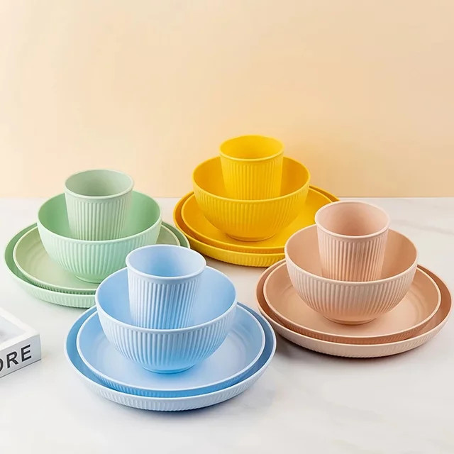 JAOER Geschirrset aus Weizenstroh mit Tellern, Schüsseln und Tassen, 4-teilig, unzerbrechlich und umweltfreundlich, Farben: Blau und Mehrfarbig - Bild 1
