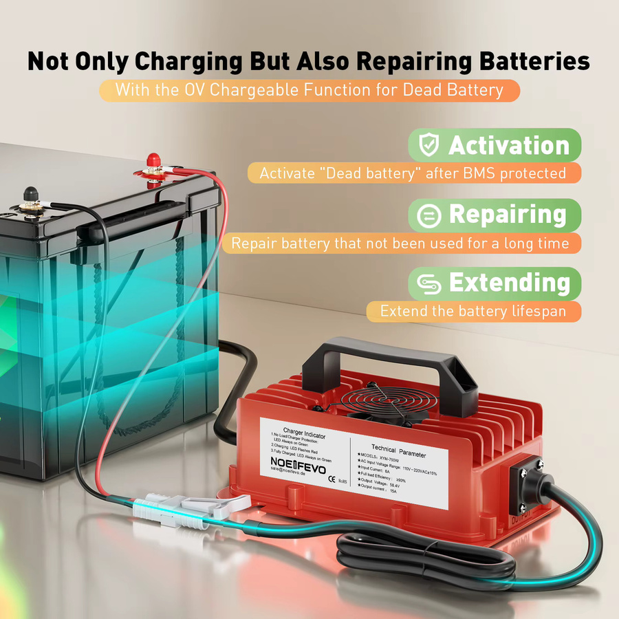 Noeifevo LiFePO4 Batterieladegerät 58,4V 15A für 48V 16S Lithium-Eisenphosphat, intelligentes Schnellladegerät für Wohnmobile, Boote, Solar, Golfcarts und E-Bikes - Bild 4