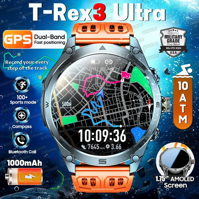GUHUAVMI Smartwatch, T-Rex3 Ultra, GPS, Schwarz, 10 ATM, Rund - Bild 1