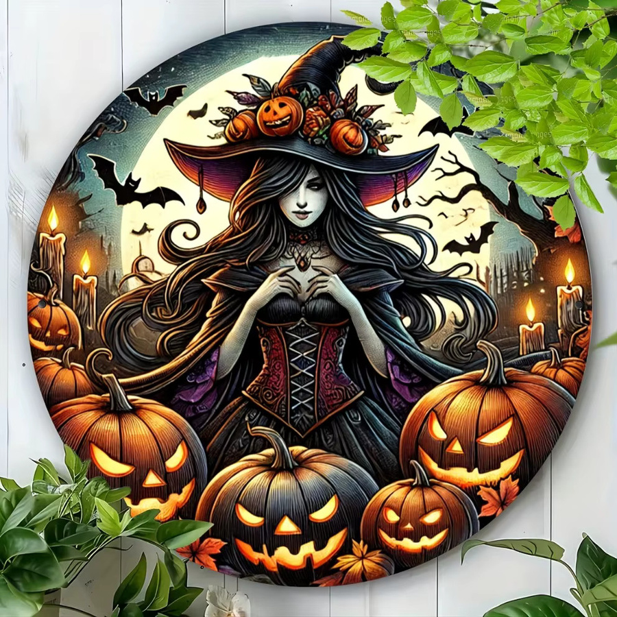 HELLOYOUNG Halloween Metallschild mit Hexe und Kürbis, runde Wanddekoration in Multicolour, Durchmesser: 20 cm - Bild 5