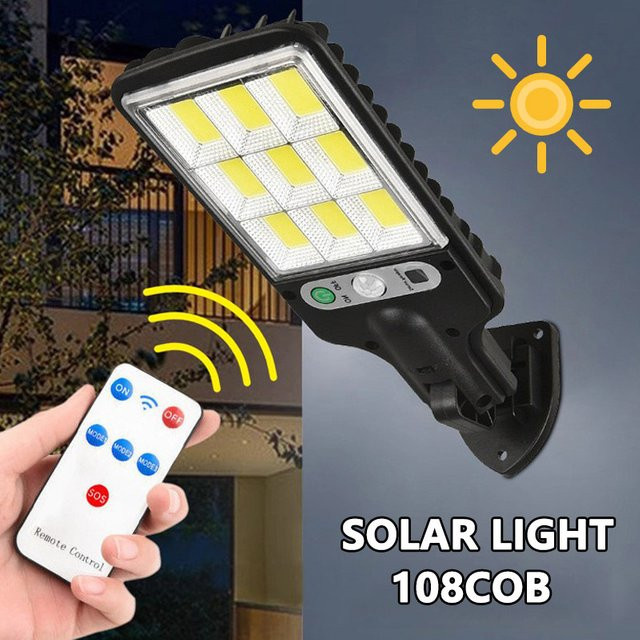 DOUWENXI Solarleuchten für den Außenbereich mit 108 COB LEDs, Bewegungsmelder und 3 Modi, wasserdichte Sicherheitswandbeleuchtung in Schwarz für Terrasse und Garten - Bild 1