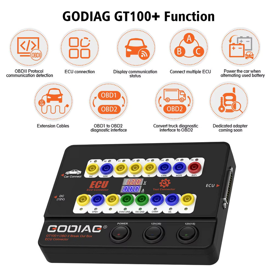 Godiag GT100 und GT100 Pro OBDII Breakout Box ECU-Tischanschluss mit CANBUS-Protokoll und Bluetooth in Schwarz - Bild 2