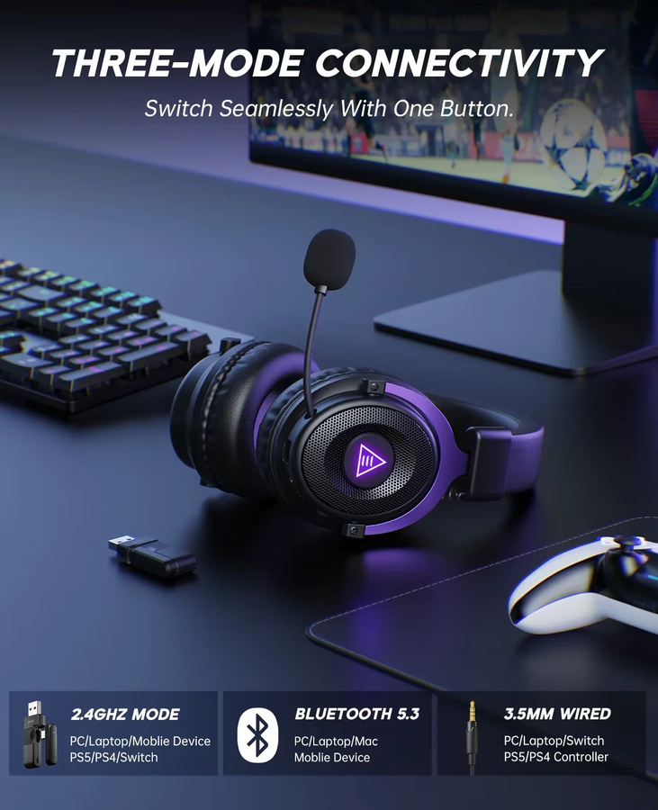 Oneodio EKSA E900 WT Kabelloses Gaming-Headset Tri-Mode Over-Ear Bluetooth-Kopfhörer mit Mikrofon und RGB für PC und PS4 PS5 in Weiß - Bild 2