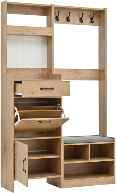 okwish Garderoben Set mit Schuhbank und Haken für den Flur, Natur, B/T/H: 108,0 x 35,0 x 180,0 cm - Bild 1