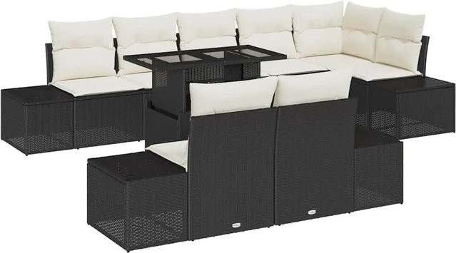 vidaXL Garten-Sofa-Set 9-tlg. in L-Form mit Kissen und integriertem Stauraum, Schwarz und Beige - Bild 1