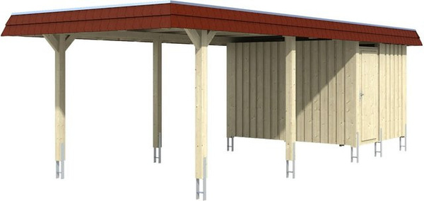 Wendland Skan Holz Carport mit Anbau in Schiefergrau und roter Alu-Dach Blende, B/T/H: 870 x 362 x 243 cm