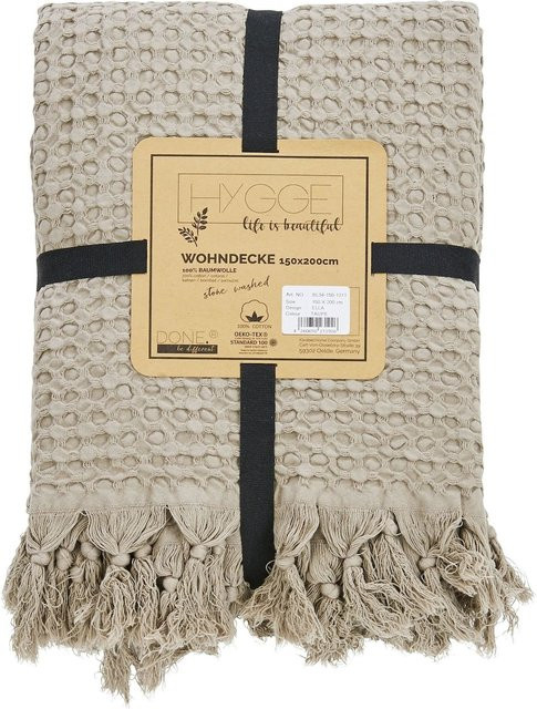 DONE Wohndecke Ella aus Baumwolle in Beige mit Fransen und Waffelpiqué-Struktur - Bild 1