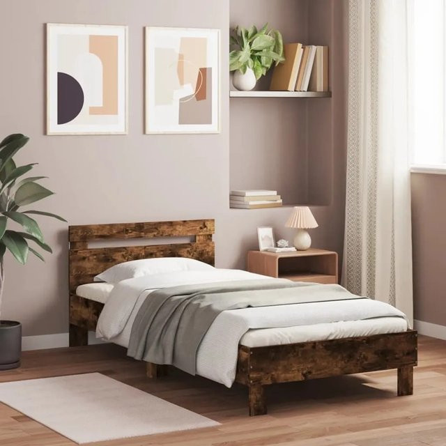 vidaXL Bettgestell mit Kopfteil in Räuchereiche mit LED-Leuchten und USB-Ladeport, Farbe: Braun, B/T/H: 100 x 200 x 104 cm - Bild 1