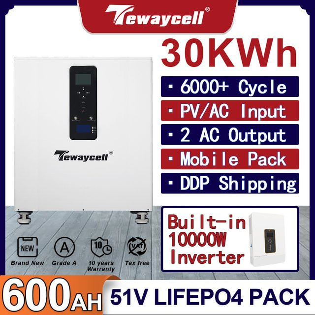 Tewaycell 30kWh LiFePO4-Akku Powerwall mit 200A BMS und 10kW Ausgangswechselrichter, 51V 48V 600Ah, Farbe: Weiß - Bild 1