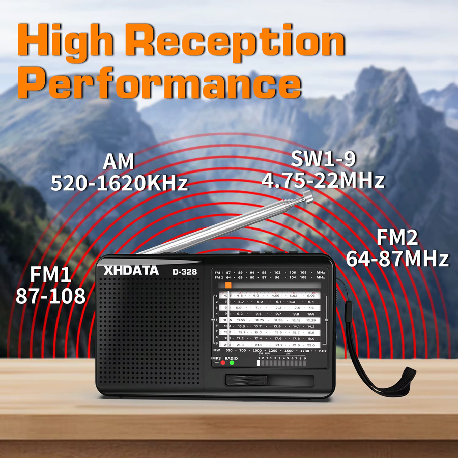 XHDATA D-368/D-328 Tragbares Stereo-Radio mit Bluetooth, FM, AM, SW, MP3-Player, USB und TF-Karte, Schwarz - Bild 5