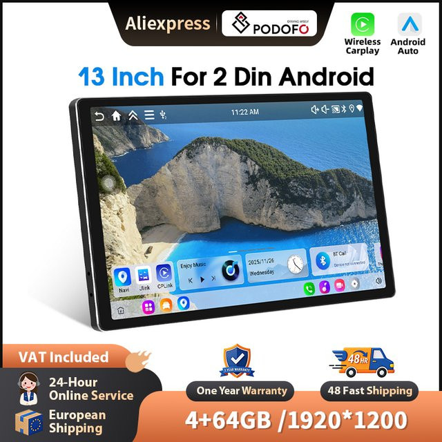 Podofo 13 Zoll Wireless Carplay Android Auto Autoradio mit GPS-Navigation und Bluetooth in Schwarz - Bild 1