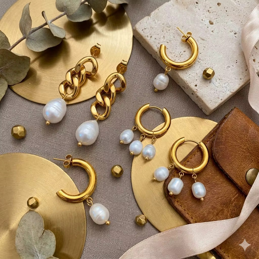 St.delan Ohrringe-Set, 18K vergoldetes Edelstahl, Perle, Damen - Bild 1