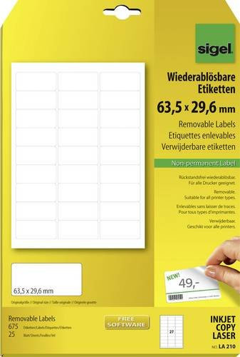 Sigel LA210 Universal-Etiketten aus Papier in Weiß, 675 Stück, wiederablösbar, B: 63,5 mm, H: 29,6 mm, geeignet für Tintenstrahl- und Laserdrucker - Bild 1
