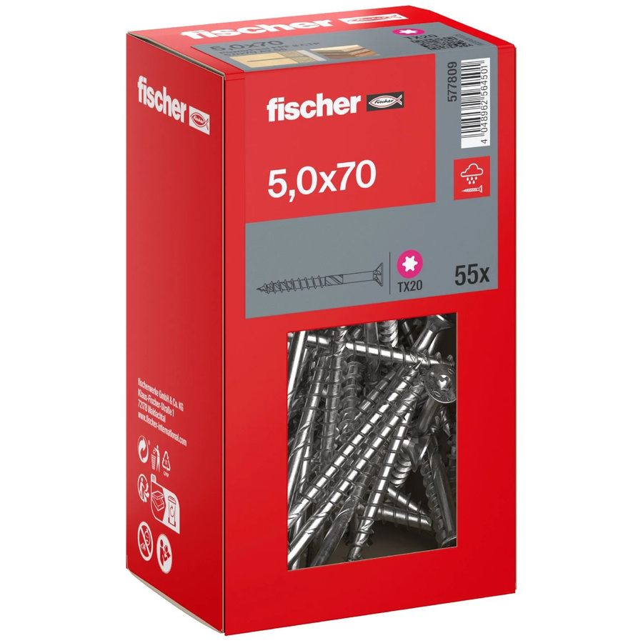 Fischer PowerFast II A2 Senkkopf TX Teilgewinde Schraube aus Edelstahl in Silber, Durchmesser: 5 mm, Länge: 70 mm, 55 Stück - Bild 2