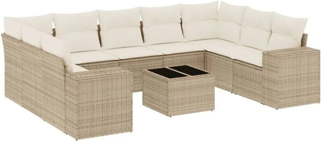 vidaXL 10-tlg. Garten-Sofagarnitur in L-Form aus Poly-Rattan mit Kissen in Beige-Creme - Bild 1