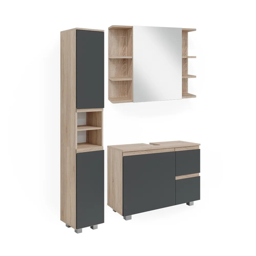 Vicco Badmöbelset J-Shape in Sonoma und Anthrazit, modernes 3-teiliges Badezimmer-Set mit Hochschrank, Waschtischunterschrank und Spiegelschrank - Bild 3