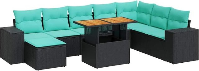 vidaXL 9-teilige Garten-Sofagarnitur aus Poly-Rattan und Akazienholz in Schwarz mit Kissen - Bild 1