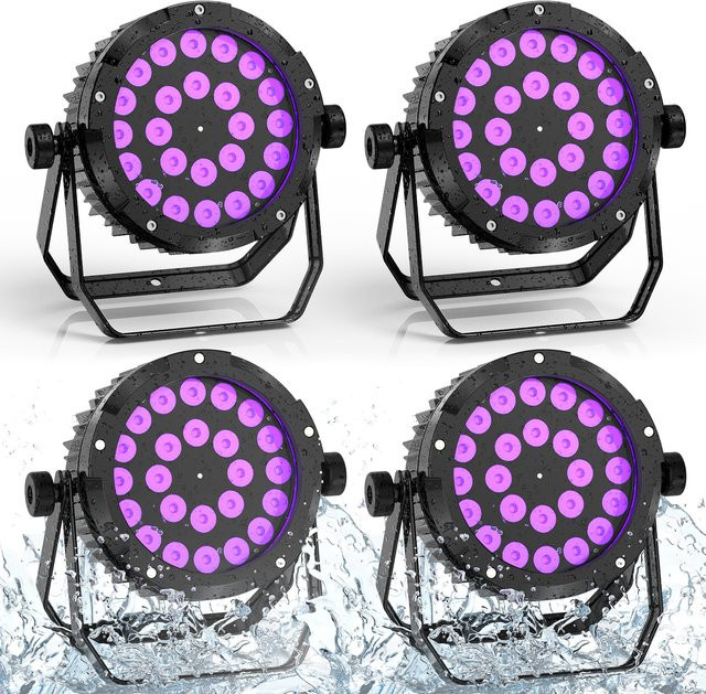 U'King 4er-Set Wasserdichte LED Par Lichter RGBWA + UV 6in1 mit DMX512 und Strobe-Effekt in Schwarz - Bild 1