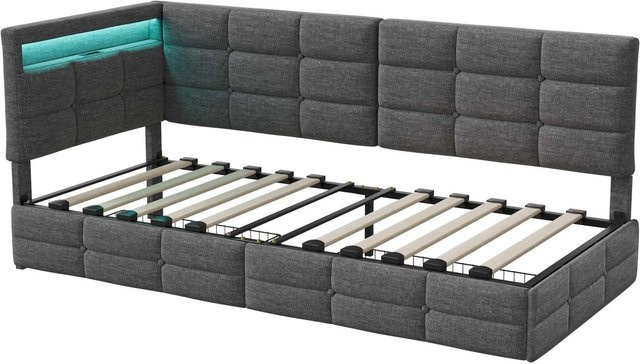 PXloue Modernes Schlafsofa mit LED, USB-Anschluss und Stauraum in Grau mit Steppoptik, Breite: 90 cm, Tiefe: 200 cm, Höhe: 94 cm - Bild 1