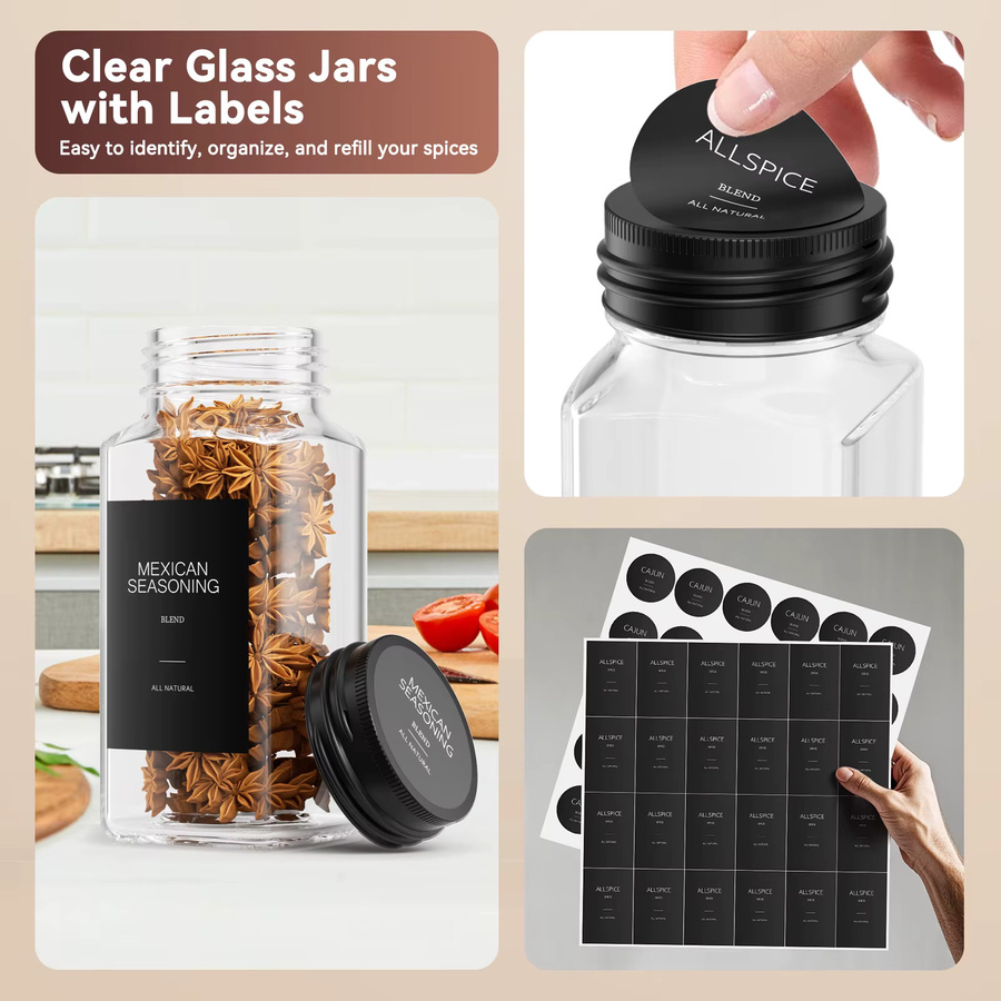 Jugacool 24-teiliges Gewürzgläser-Set aus Glas mit Etiketten und Schubladenorganizer, transparent/schwarz, 120 ml pro Glas - Bild 4