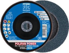 PFERD TOOLS POLIFAN POWER Fächerscheibe PFC konisch SG STEELOX für Stahl und Edelstahl, Blau, Durchmesser: 180 mm, Bohrung: 22,23 mm - Bild 1