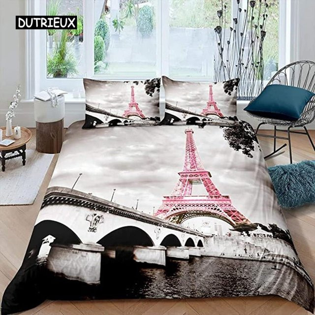 Binchi Outdoor Product Paris-Bettwäsche-Set im Vintage-Stil mit Eiffelturm und rotem Regenschirm, Mikrofaser, B/H: 135 x 200 cm - Bild 1