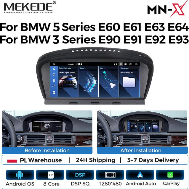 MEKEDE Android 15 Autoradio mit 8,8 Zoll Display, 8-Kern Prozessor, 4+64GB Speicher, Wireless Carplay, Android Auto, Bluetooth, WiFi und 4G LTE für BMW 3er Serie E90 E91 E92 E93 und 5er Serie E60 E61 E63 E64 in Schwarz - Bild 1