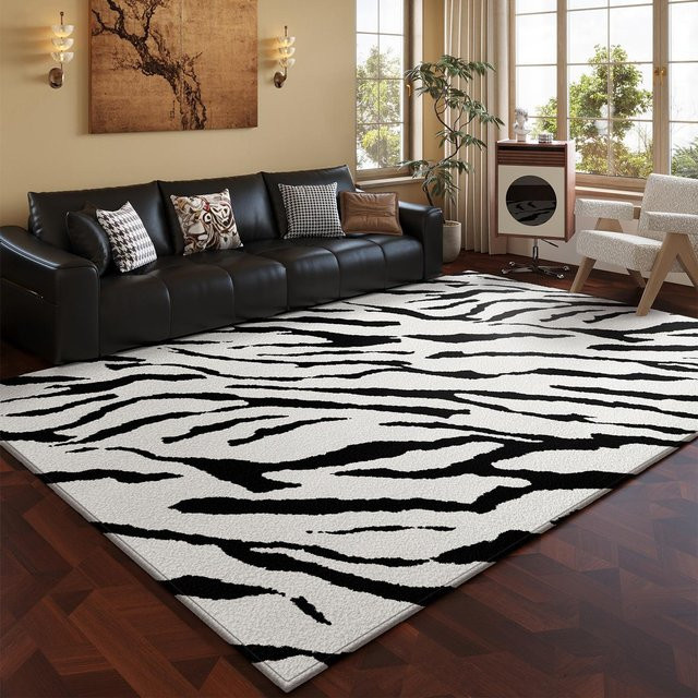 Weicher Plüschteppich mit Schwarz-Weiß-Zebra-Muster für Wohnzimmer und Schlafzimmer, B/T: 120 x 160 cm - Bild 1