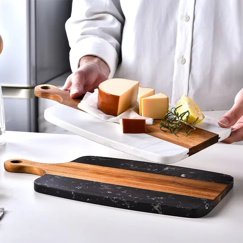 JANKNG Servierplatte aus Holz und Marmor in Schwarz und Weiß, rechteckiges Schneidebrett für Brot, Obst, Käse oder Steak - Bild 4
