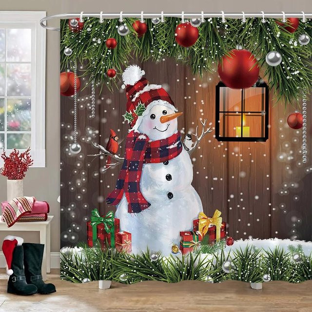 Weihnachts Duschvorhang mit Schneemann, Weihnachtsmann und Rentier in Grau, B/H: 90 x 180 cm - Bild 1