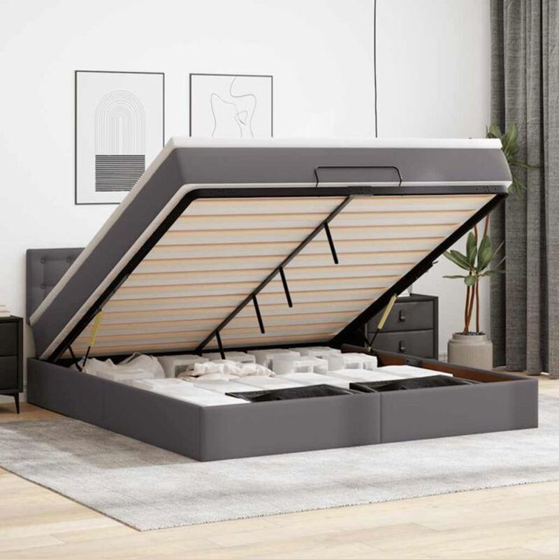 Vidaxl Ottoman Polsterbett mit Matratzen und LED in Grau aus Kunstleder B/T: 180 x 200 cm - Bild 1