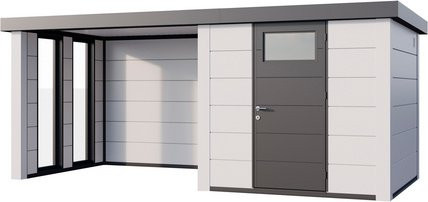 Telluria Gerätehaus Classico 2424 Lounge Links mit Fenster und weißen Ecken, B/H/T: 522 x 238 x 242 cm, Weiß - Bild 1