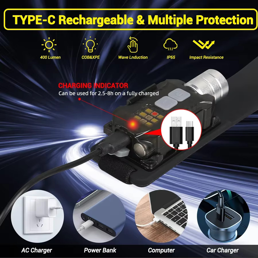 Heinast COB-LED Stirnlampe und Taschenlampe mit Sensor, USB wiederaufladbar, Schwarz - Bild 5