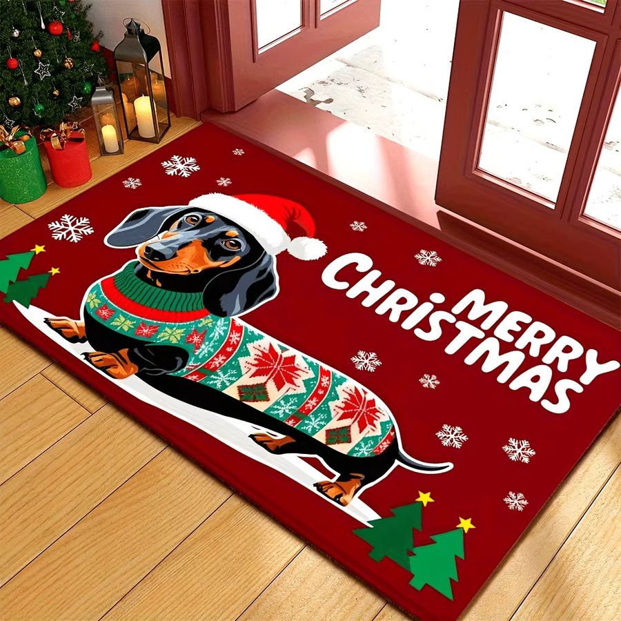 VIKAMA Weihnachts-Willkommensmatte mit Dackel-Hund, rutschfeste Dekomatte aus Polyester in Rot, B/T: 60 x 40 cm - Bild 3