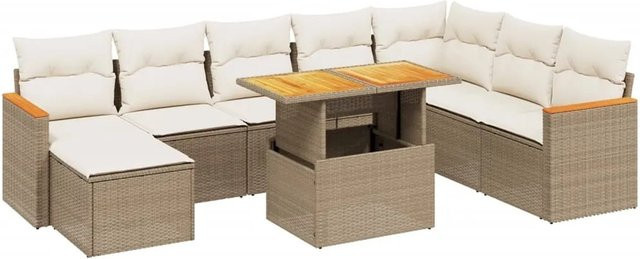 vidaXL 9-teilige Garten-Sofagarnitur in L-Form aus Poly-Rattan und Akazienholz mit Kissen in Beige-Creme - Bild 1