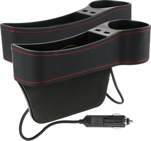 LEEPEE Leder Sitzlücken-Organizer in Schwarz mit Dual USB-Ladegerät und Halterung für Flaschen und Handy - Bild 1