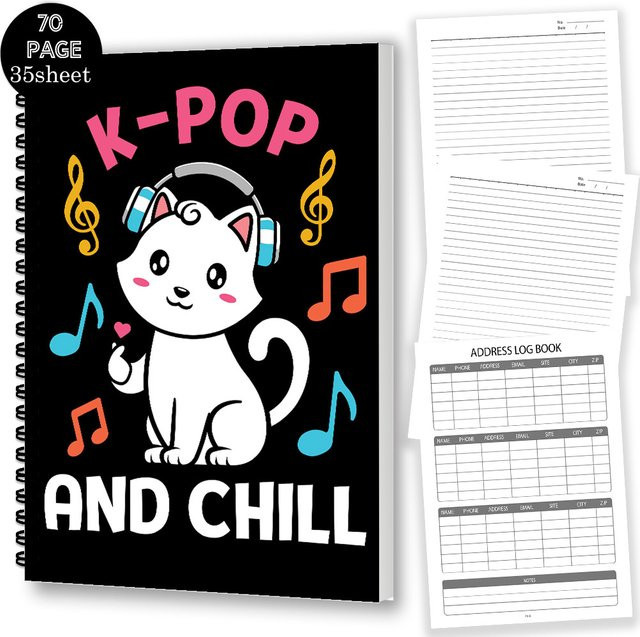 Spiral-Notizbuch mit Katzen- und K-POP-Motiv, A5 Softcover, liniertes Papier, Schwarz - Bild 1