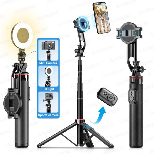 AXNEN C20 Magnetisches Selfie-Stick-Stativ in Schwarz mit Fernbedienung und 1/4-Zoll-Gewinde für Handy-Aufnahmen und Action-Kameras - Bild 1