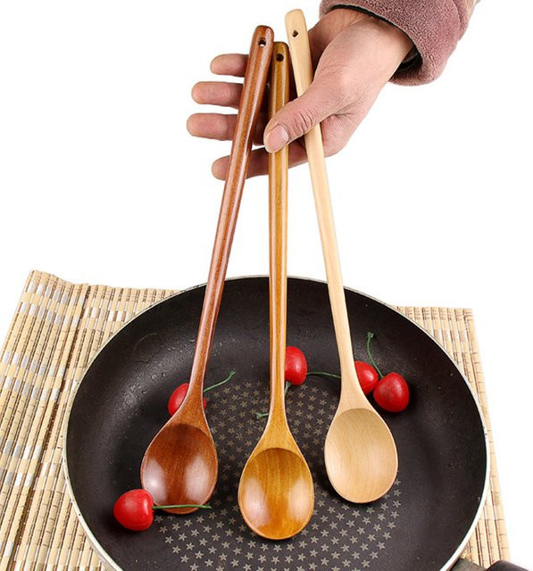 Langer Kochlöffel aus Holz in Braun für Kaffee, Tee und Suppe, rund mit 33 cm Länge - Bild 1