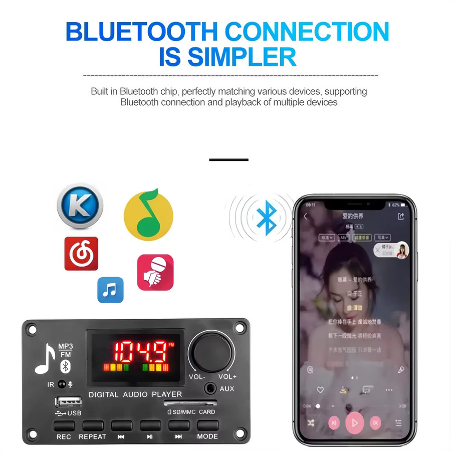 Kebidu Bluetooth 5.0 MP3 Decoder Board mit 80W Verstärker, FM Radio, USB, TF und Mikrofon-Eingang, Schwarz - Bild 2