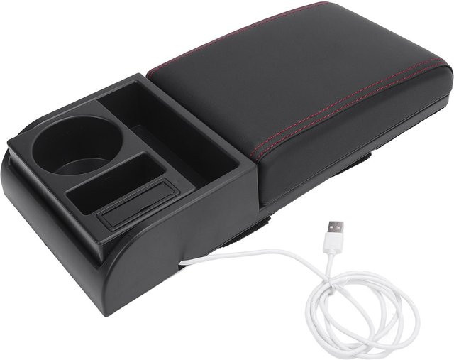 DIYelecs Universelle Mittelkonsolen-Armlehnenbox-Abdeckung mit USB-Ladeanschluss und Becherhalter in Schwarz - Bild 1