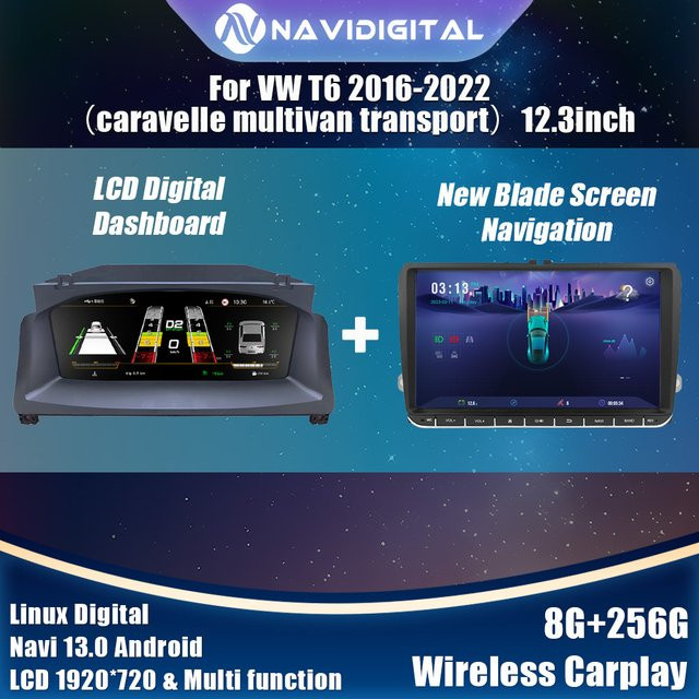 Navidigital Digital Dashboard Cluster Android Navigation Radio für VW T6 16-22 Caravelle Multivan Transport, Schwarz - Bild 1