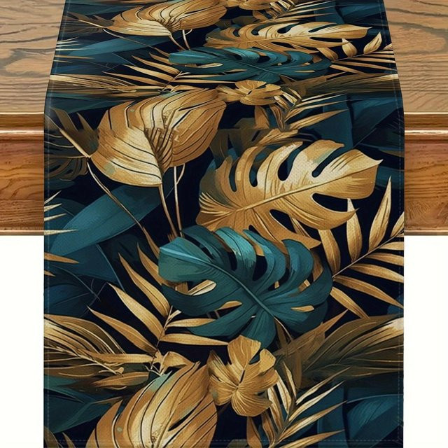JINGYUE Pet Leinen Tischläufer mit tropischem Palmenblatt-Design in Blau, Gold und Braun, Länge: 150 cm, Breite: 33 cm - Bild 1